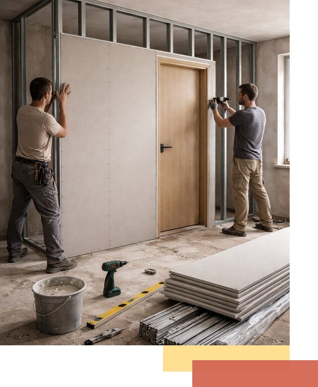 Перегородка из гипсокартона с дверью под ключ в Лесозаводске