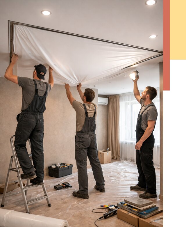 Монтаж ПВХ натяжного потолка в Лесозаводске от 3618 руб. под ключ | ОТДЕЛОЧНИК-Лсз