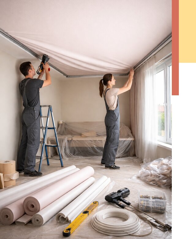 Монтаж цветного натяжного потолка в Лесозаводске от 4342 руб/м² — быстро и недорого | ОТДЕЛОЧНИК-Лсз