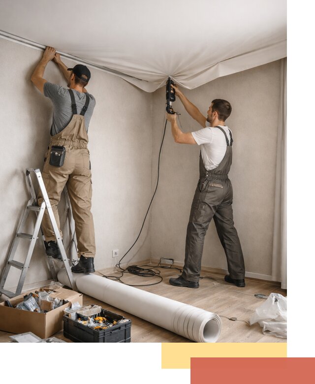 Монтаж цветного натяжного потолка в Лесозаводске за один день