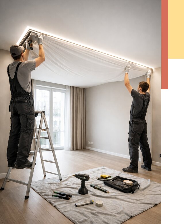 Монтаж парящего натяжного потолка в Лесозаводске от 4652 руб. быстро и недорого | ОТДЕЛОЧНИК-Лсз