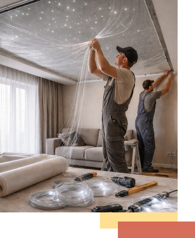 Монтаж натяжного потолка «Звездное небо» в Лесозаводске