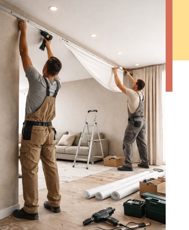 Монтаж натяжного потолка в гостиной в Лесозаводске от 569 руб. | ОТДЕЛОЧНИК-Лсз