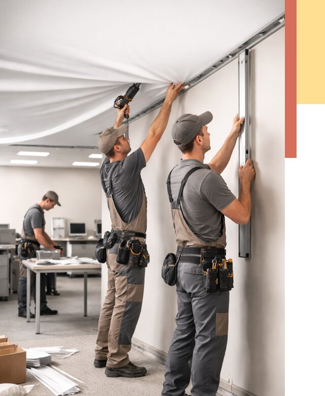 Монтаж натяжного потолка в офисе в Лесозаводске от 465 руб/м² — быстро и недорого | ОТДЕЛОЧНИК-Лсз