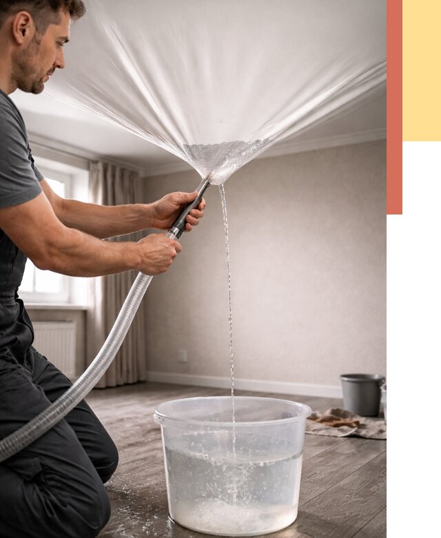 Слив воды с натяжного потолка в Лесозаводске от 2585 руб. быстро и недорого | ОТДЕЛОЧНИК-Лсз