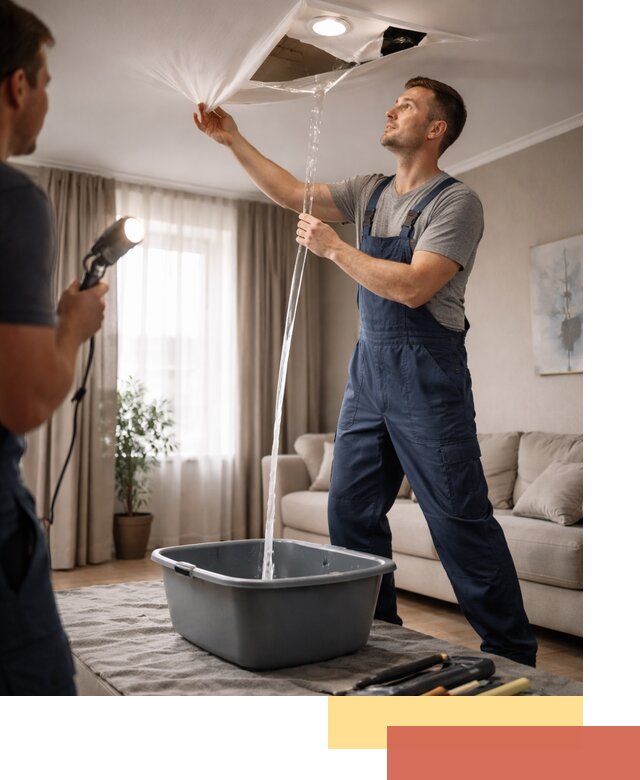 Слив воды с натяжного потолка в Лесозаводске быстро и аккуратно